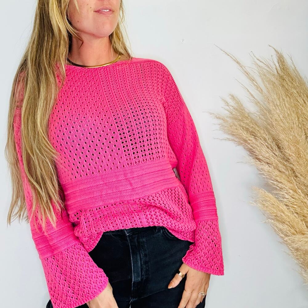 VINTAGE STYLE CO Hot Pink Patchwork Crochet Open Knit $75 Pullover Sweater M